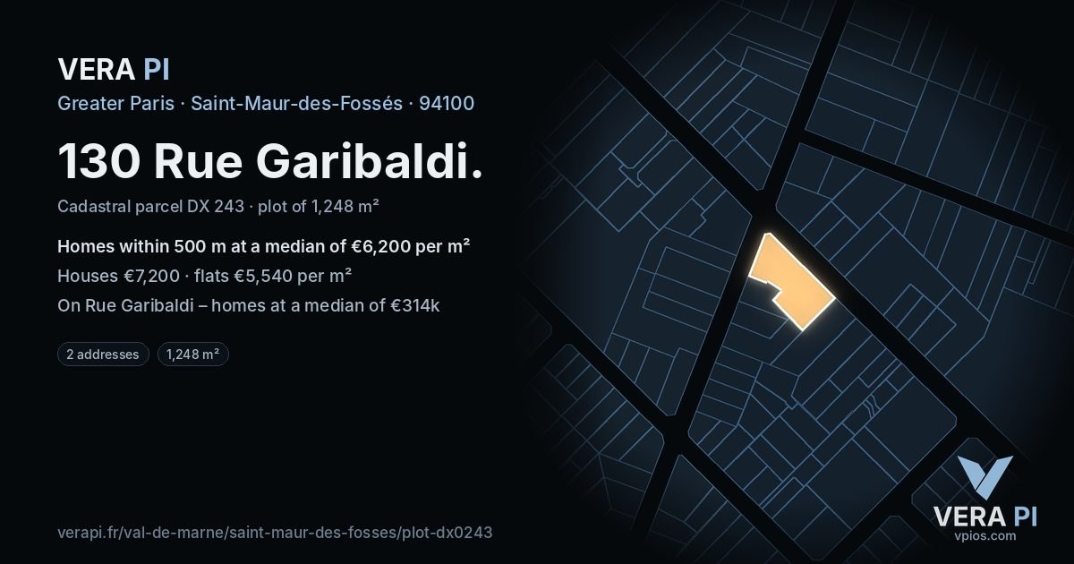 130 Rue Garibaldi, Saint-Maur-des-Fossés at night – the plot lit, the parcels around coloured by the prices near them