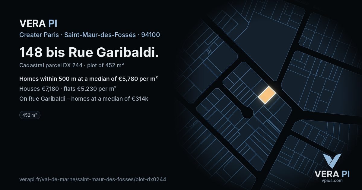 148 bis Rue Garibaldi, Saint-Maur-des-Fossés at night – the plot lit, the parcels around coloured by the prices near them