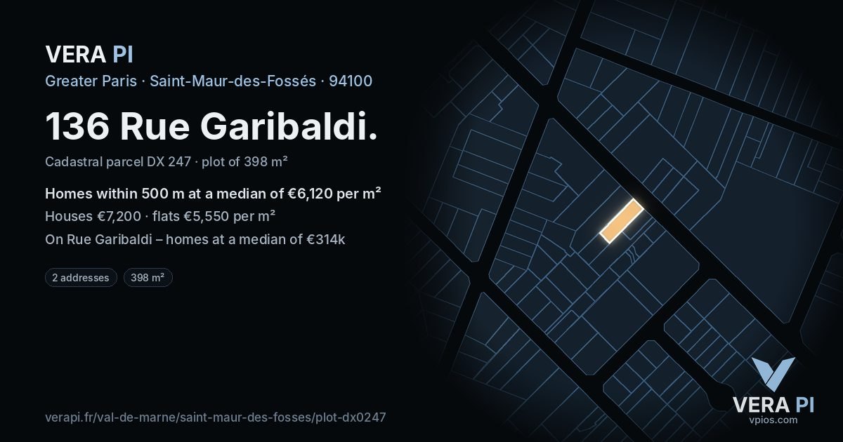 136 Rue Garibaldi, Saint-Maur-des-Fossés at night – the plot lit, the parcels around coloured by the prices near them