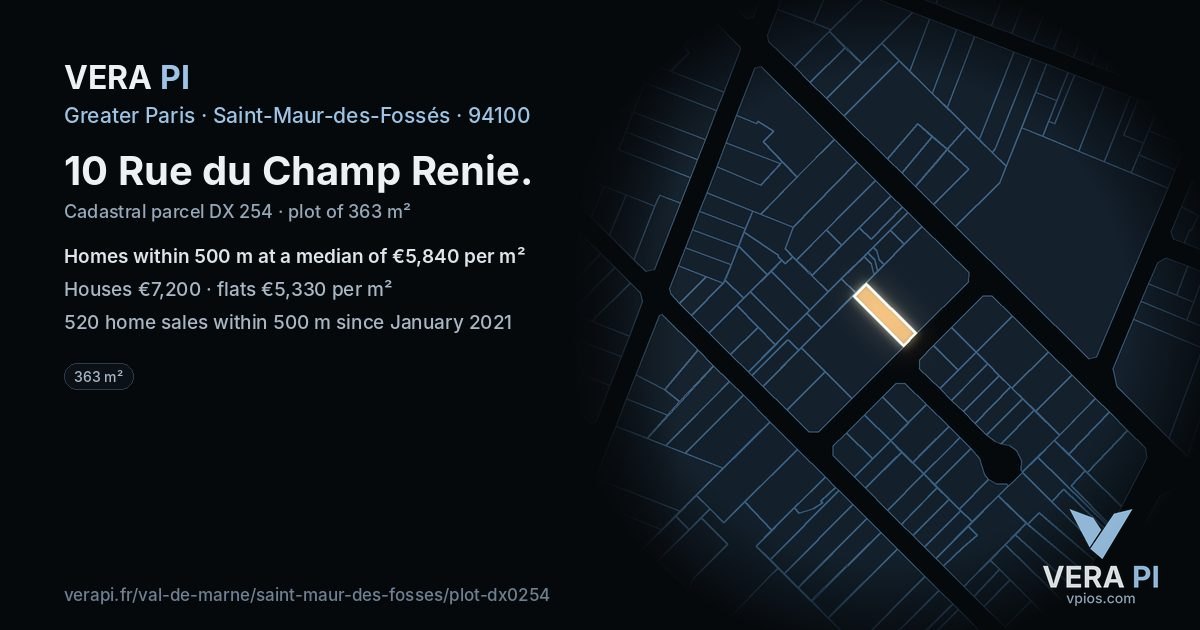 10 Rue du Champ Renie, Saint-Maur-des-Fossés at night – the plot lit, the parcels around coloured by the prices near them