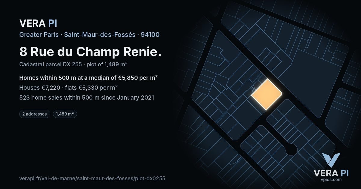 8 Rue du Champ Renie, Saint-Maur-des-Fossés at night – the plot lit, the parcels around coloured by the prices near them