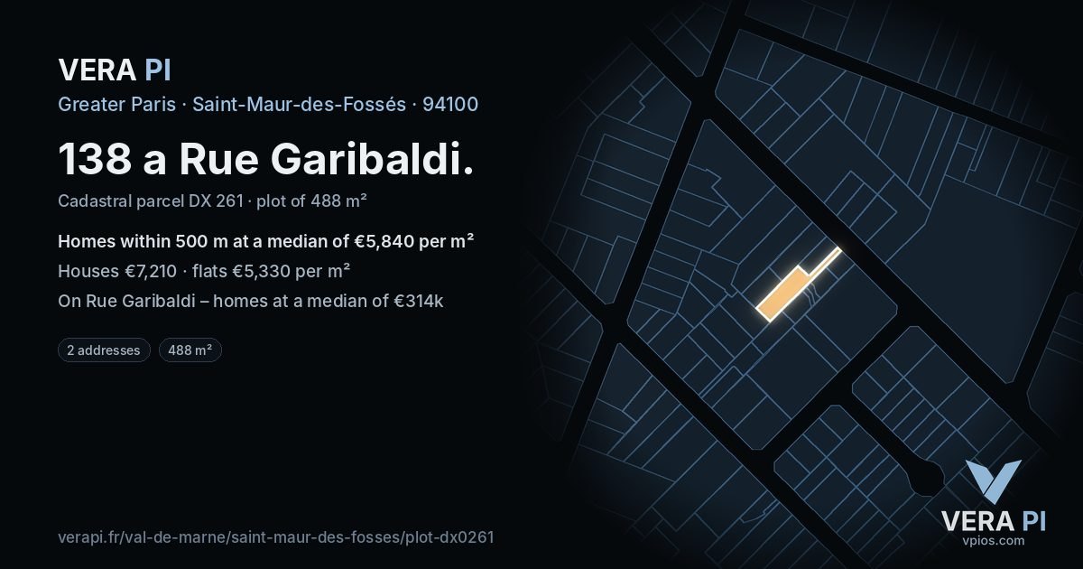 138 a Rue Garibaldi, Saint-Maur-des-Fossés at night – the plot lit, the parcels around coloured by the prices near them