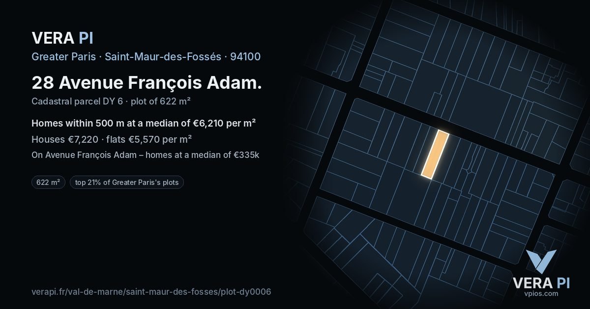 28 Avenue François Adam, Saint-Maur-des-Fossés at night – the plot lit, the parcels around coloured by the prices near them