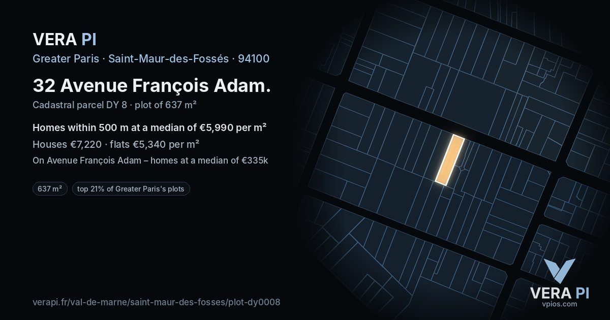 32 Avenue François Adam, Saint-Maur-des-Fossés at night – the plot lit, the parcels around coloured by the prices near them