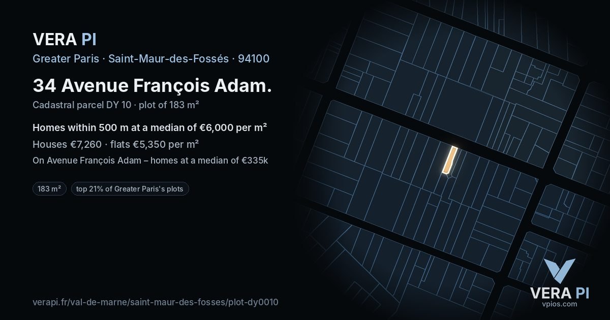 34 Avenue François Adam, Saint-Maur-des-Fossés at night – the plot lit, the parcels around coloured by the prices near them