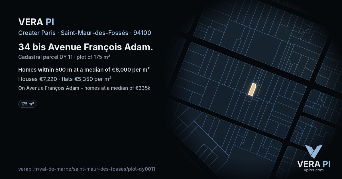 34 bis Avenue François Adam, Saint-Maur-des-Fossés at night – the plot lit, the parcels around coloured by the prices near them