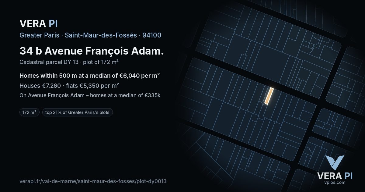 34 b Avenue François Adam, Saint-Maur-des-Fossés at night – the plot lit, the parcels around coloured by the prices near them