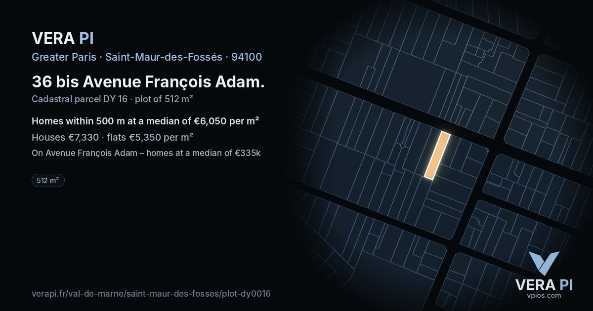 36 bis Avenue François Adam, Saint-Maur-des-Fossés at night – the plot lit, the parcels around coloured by the prices near them