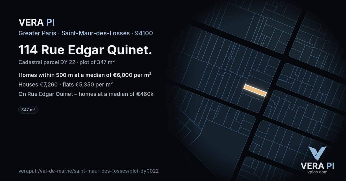 114 Rue Edgar Quinet, Saint-Maur-des-Fossés at night – the plot lit, the parcels around coloured by the prices near them