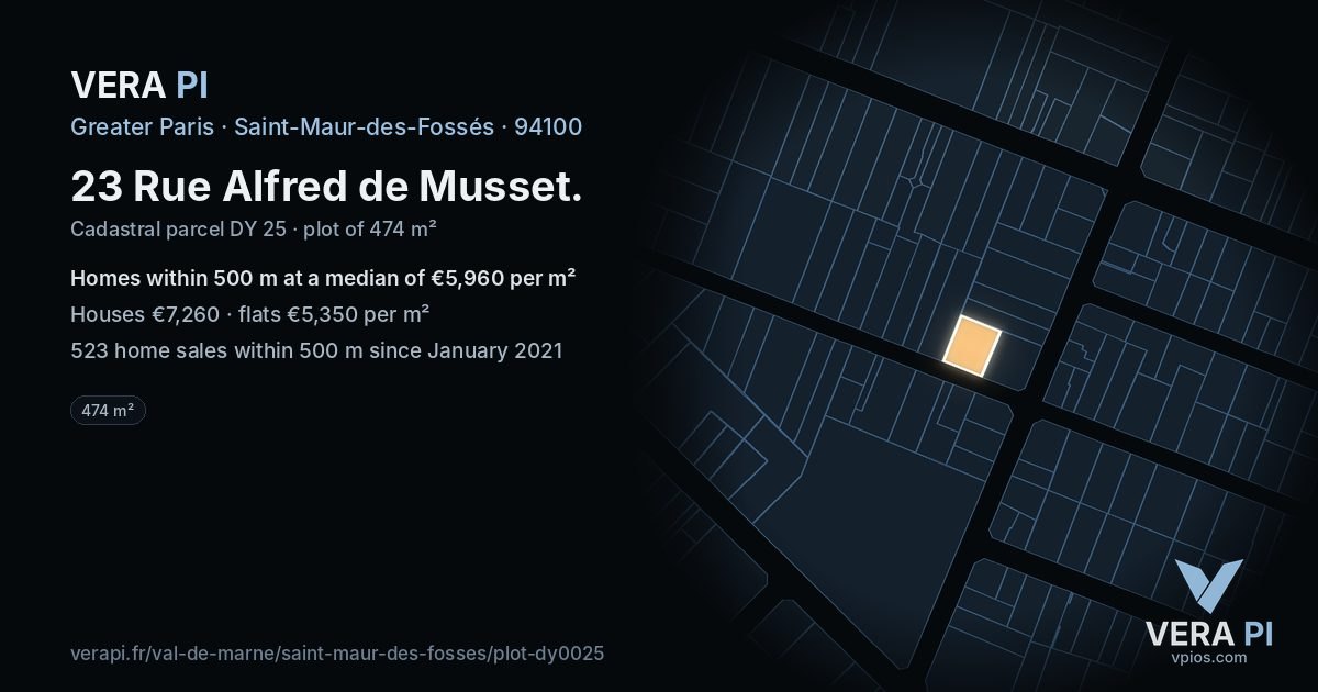 23 Rue Alfred de Musset, Saint-Maur-des-Fossés at night – the plot lit, the parcels around coloured by the prices near them