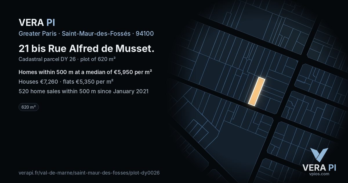 21 bis Rue Alfred de Musset, Saint-Maur-des-Fossés at night – the plot lit, the parcels around coloured by the prices near them
