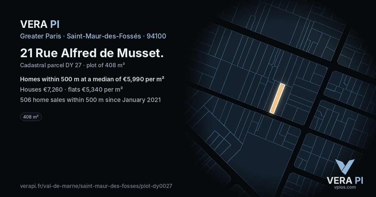 21 Rue Alfred de Musset, Saint-Maur-des-Fossés at night – the plot lit, the parcels around coloured by the prices near them