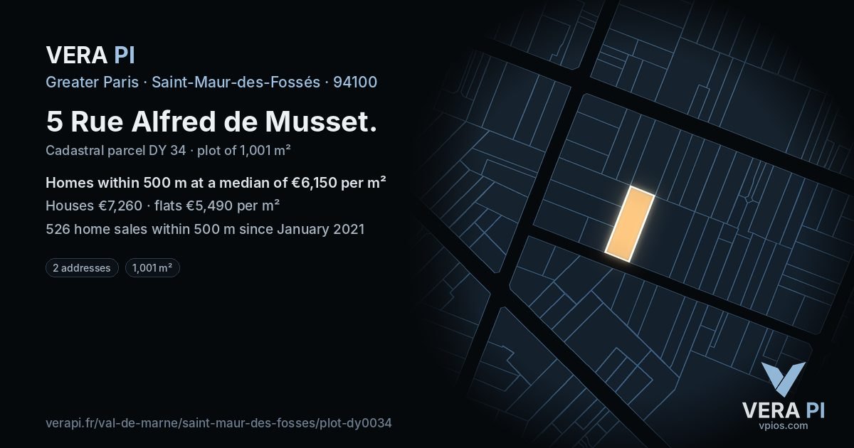 5 Rue Alfred de Musset, Saint-Maur-des-Fossés at night – the plot lit, the parcels around coloured by the prices near them
