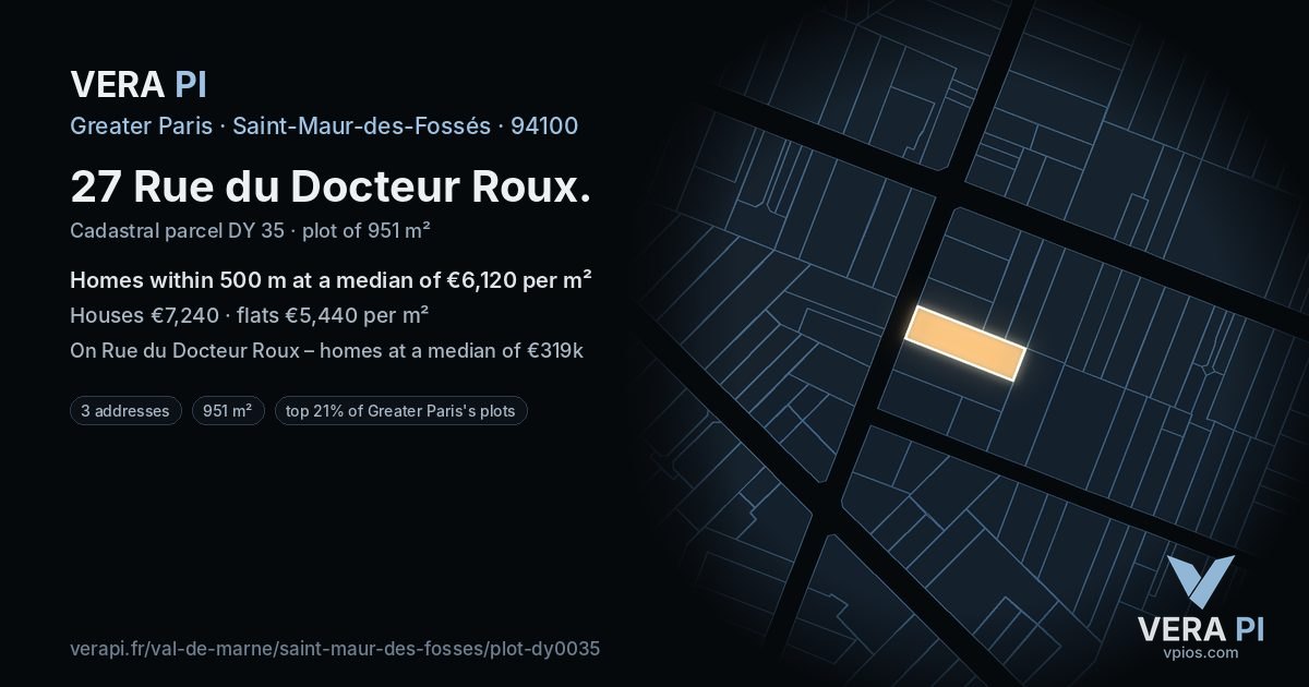 27 Rue du Docteur Roux, Saint-Maur-des-Fossés at night – the plot lit, the parcels around coloured by the prices near them