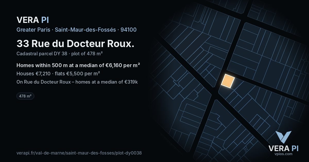 33 Rue du Docteur Roux, Saint-Maur-des-Fossés at night – the plot lit, the parcels around coloured by the prices near them