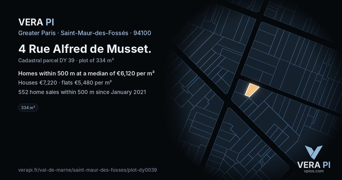 4 Rue Alfred de Musset, Saint-Maur-des-Fossés at night – the plot lit, the parcels around coloured by the prices near them