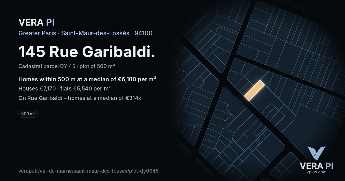 145 Rue Garibaldi, Saint-Maur-des-Fossés at night – the plot lit, the parcels around coloured by the prices near them