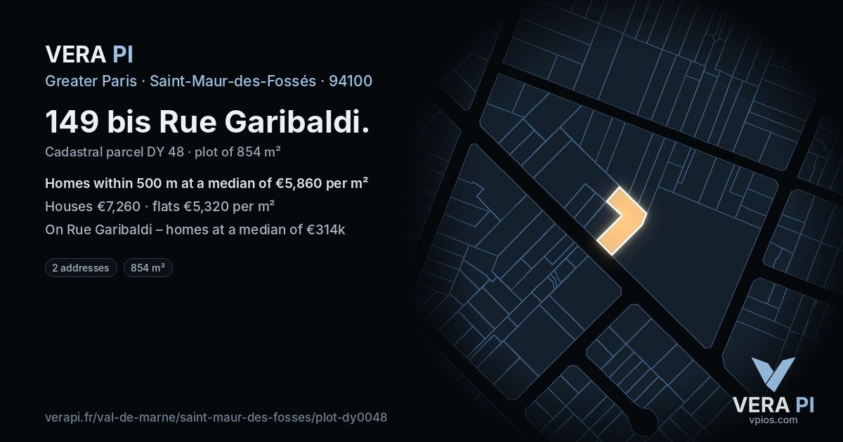 149 bis Rue Garibaldi, Saint-Maur-des-Fossés at night – the plot lit, the parcels around coloured by the prices near them