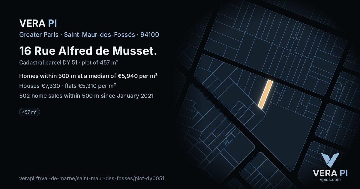 16 Rue Alfred de Musset, Saint-Maur-des-Fossés at night – the plot lit, the parcels around coloured by the prices near them