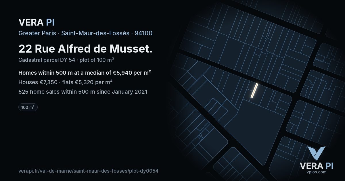 22 Rue Alfred de Musset, Saint-Maur-des-Fossés at night – the plot lit, the parcels around coloured by the prices near them