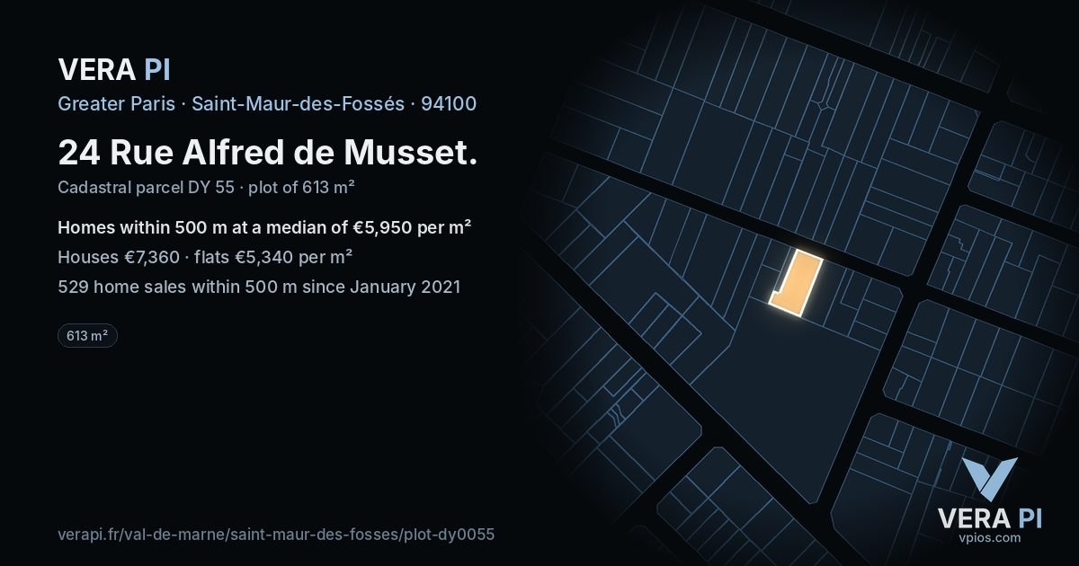 24 Rue Alfred de Musset, Saint-Maur-des-Fossés at night – the plot lit, the parcels around coloured by the prices near them