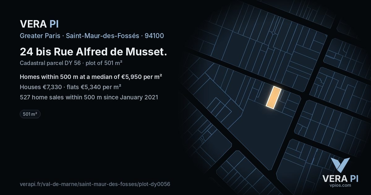 24 bis Rue Alfred de Musset, Saint-Maur-des-Fossés at night – the plot lit, the parcels around coloured by the prices near them