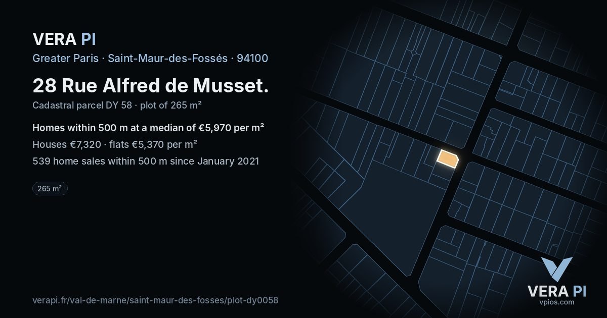 28 Rue Alfred de Musset, Saint-Maur-des-Fossés at night – the plot lit, the parcels around coloured by the prices near them