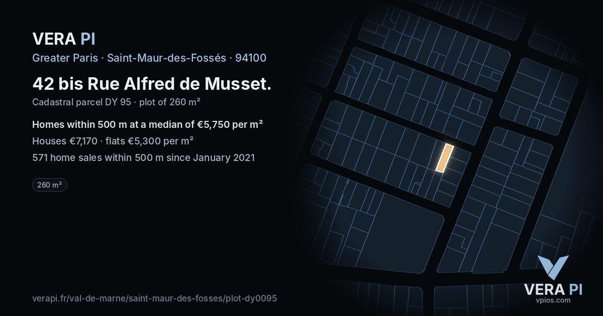 42 bis Rue Alfred de Musset, Saint-Maur-des-Fossés at night – the plot lit, the parcels around coloured by the prices near them