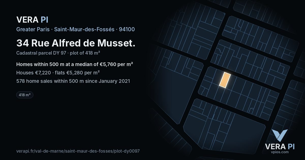 34 Rue Alfred de Musset, Saint-Maur-des-Fossés at night – the plot lit, the parcels around coloured by the prices near them