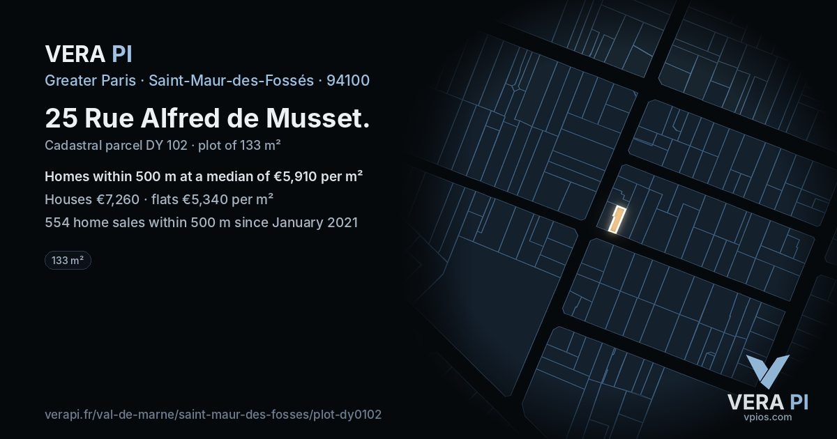 25 Rue Alfred de Musset, Saint-Maur-des-Fossés at night – the plot lit, the parcels around coloured by the prices near them