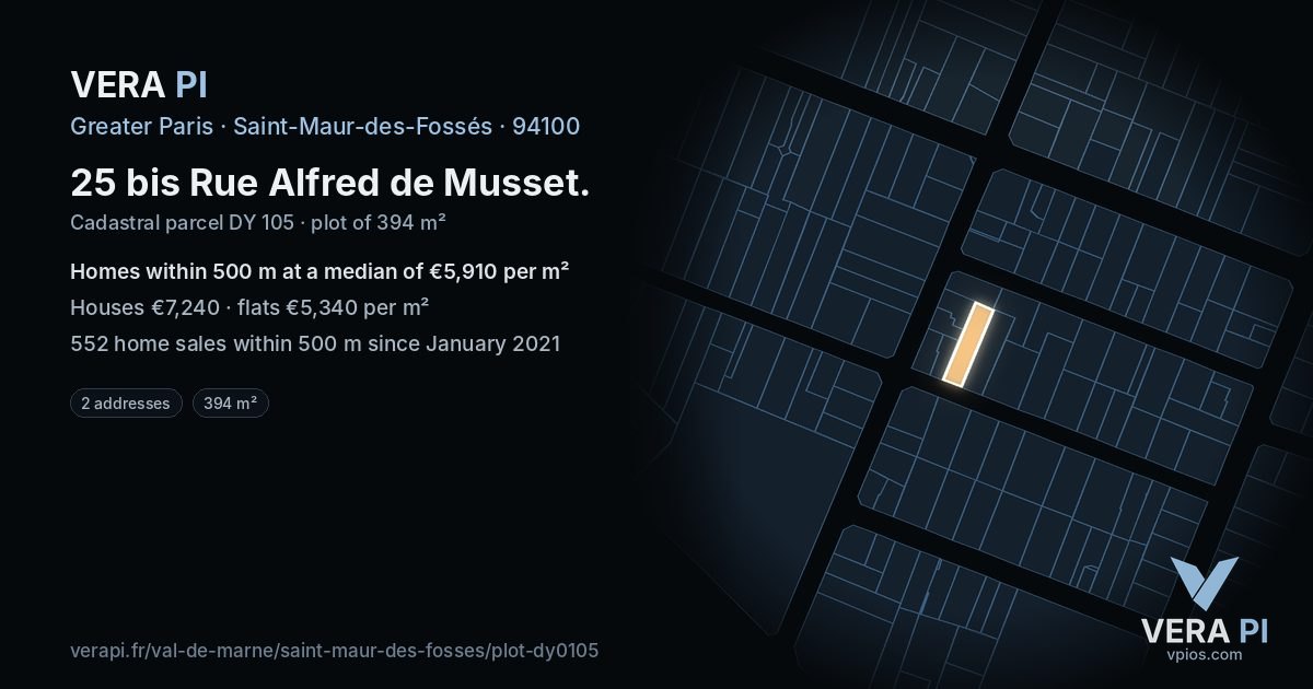 25 bis Rue Alfred de Musset, Saint-Maur-des-Fossés at night – the plot lit, the parcels around coloured by the prices near them