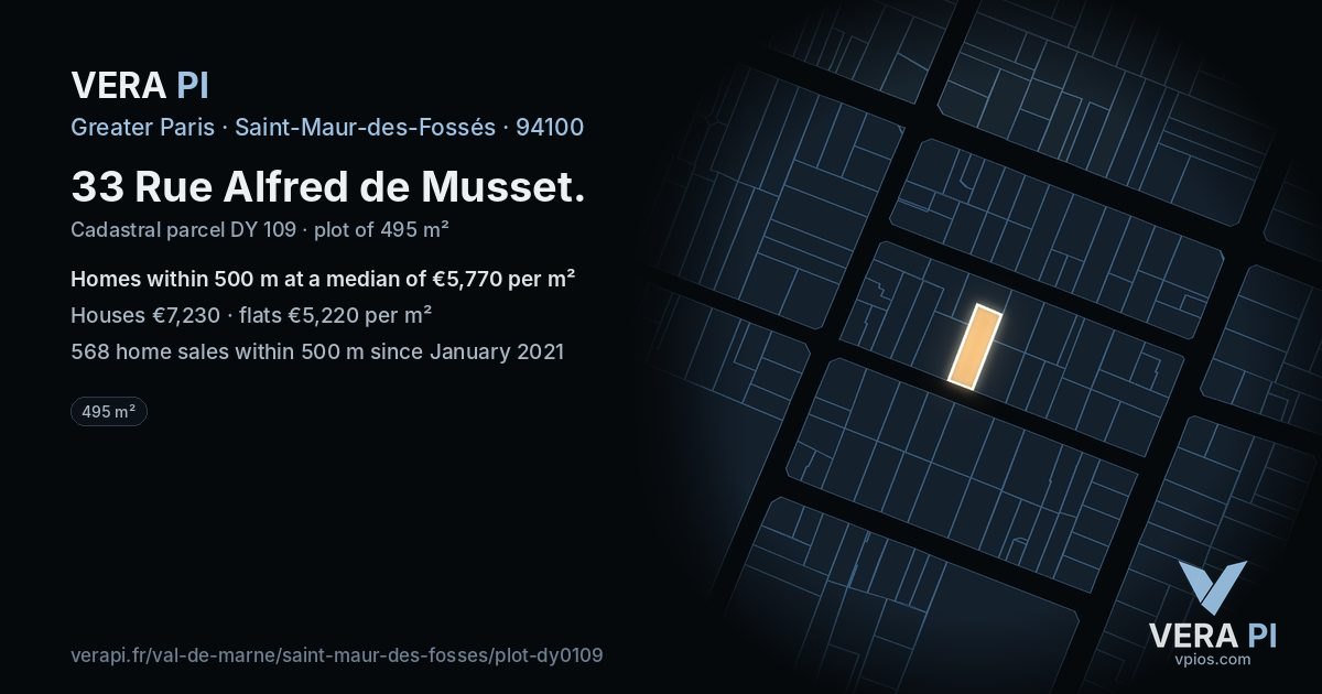 33 Rue Alfred de Musset, Saint-Maur-des-Fossés at night – the plot lit, the parcels around coloured by the prices near them