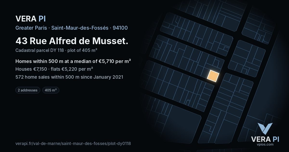 43 Rue Alfred de Musset, Saint-Maur-des-Fossés at night – the plot lit, the parcels around coloured by the prices near them