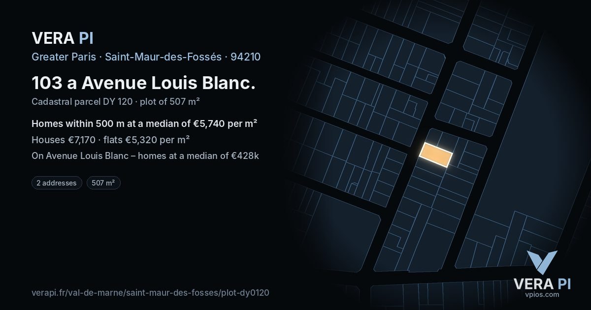 103 a Avenue Louis Blanc, Saint-Maur-des-Fossés at night – the plot lit, the parcels around coloured by the prices near them