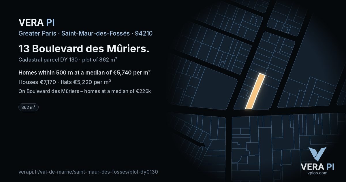 13 Boulevard des Mûriers, Saint-Maur-des-Fossés at night – the plot lit, the parcels around coloured by the prices near them