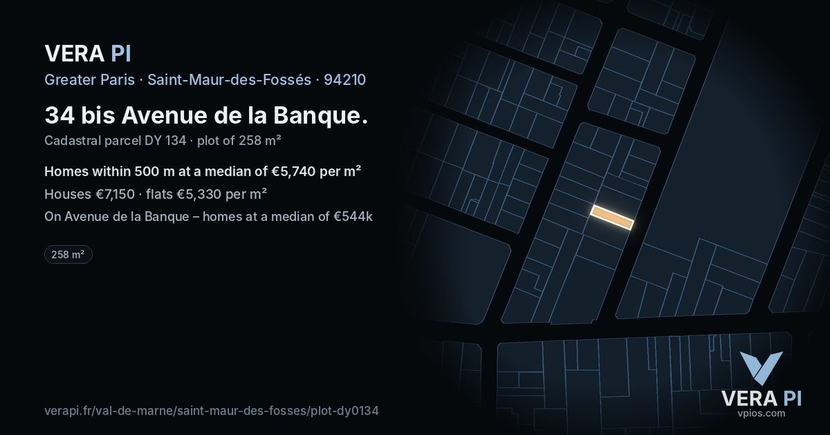 34 bis Avenue de la Banque, Saint-Maur-des-Fossés at night – the plot lit, the parcels around coloured by the prices near them