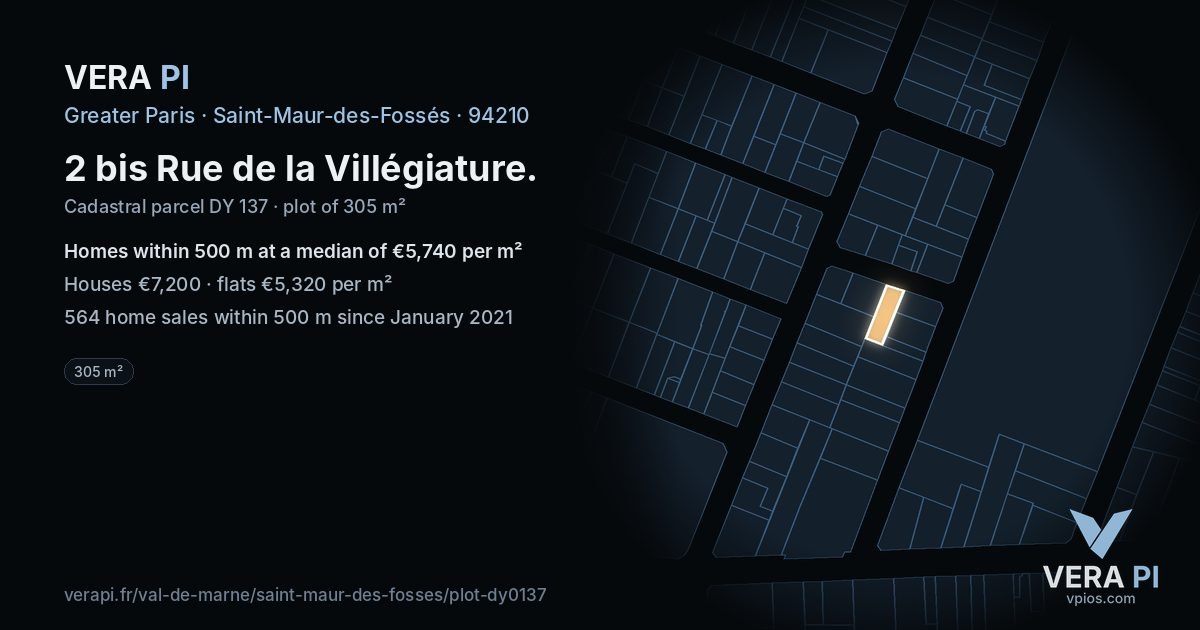 2 bis Rue de la Villégiature, Saint-Maur-des-Fossés at night – the plot lit, the parcels around coloured by the prices near them