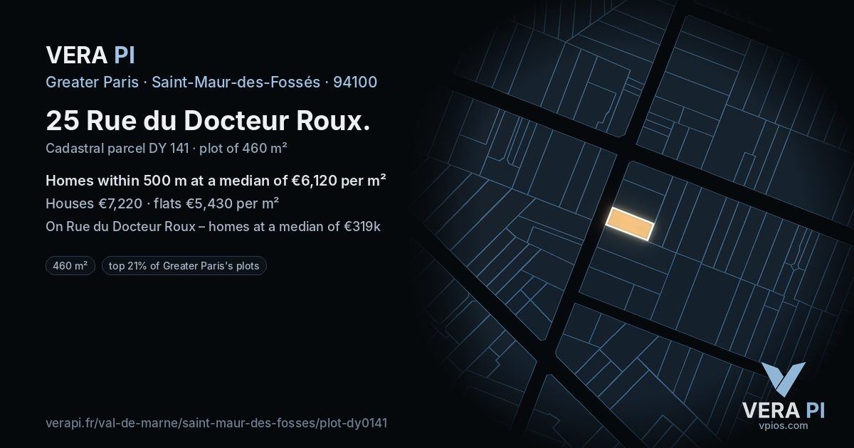 25 Rue du Docteur Roux, Saint-Maur-des-Fossés at night – the plot lit, the parcels around coloured by the prices near them