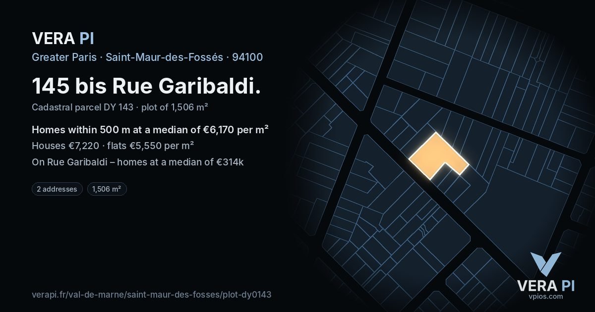 145 bis Rue Garibaldi, Saint-Maur-des-Fossés at night – the plot lit, the parcels around coloured by the prices near them