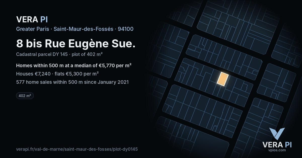 8 bis Rue Eugène Sue, Saint-Maur-des-Fossés at night – the plot lit, the parcels around coloured by the prices near them