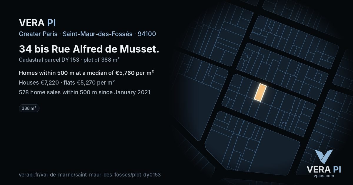 34 bis Rue Alfred de Musset, Saint-Maur-des-Fossés at night – the plot lit, the parcels around coloured by the prices near them