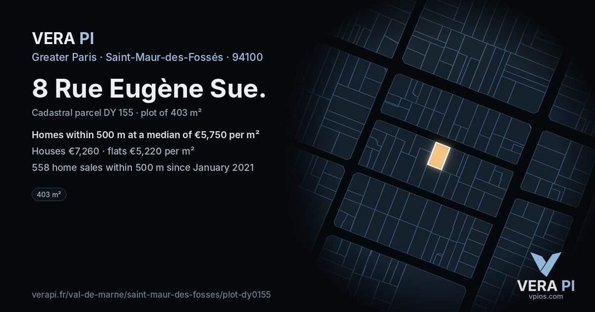 8 Rue Eugène Sue, Saint-Maur-des-Fossés at night – the plot lit, the parcels around coloured by the prices near them