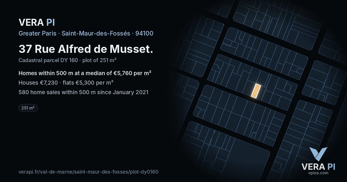 37 Rue Alfred de Musset, Saint-Maur-des-Fossés at night – the plot lit, the parcels around coloured by the prices near them