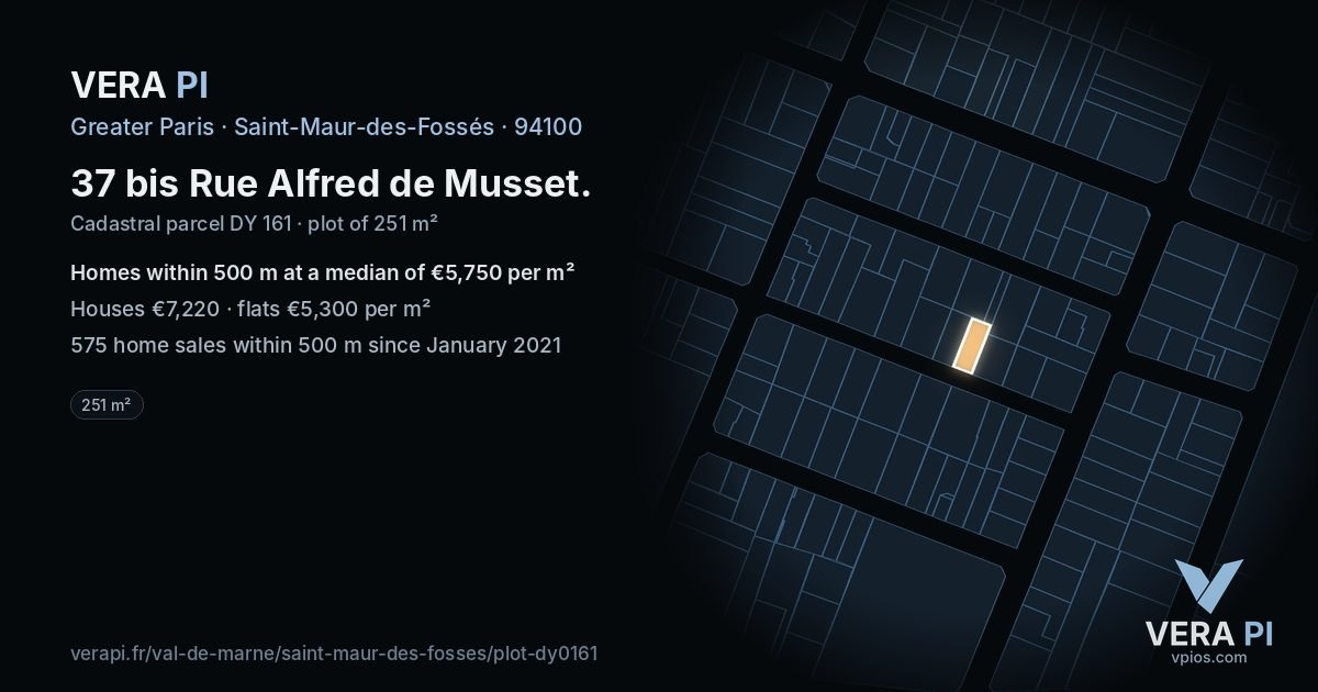 37 bis Rue Alfred de Musset, Saint-Maur-des-Fossés at night – the plot lit, the parcels around coloured by the prices near them
