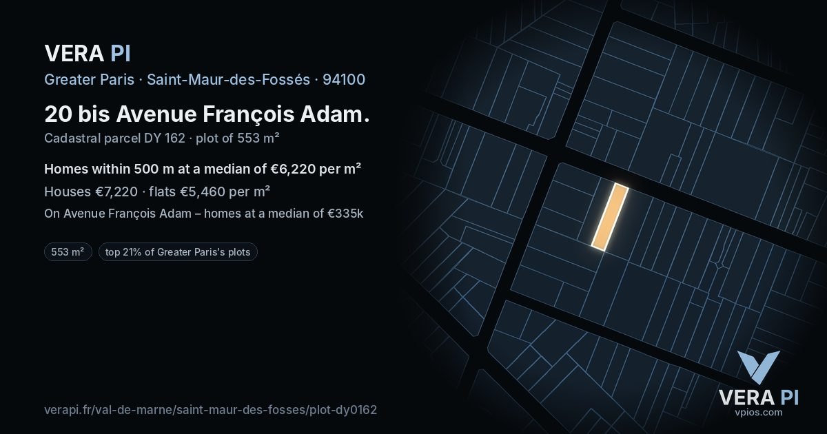 20 bis Avenue François Adam, Saint-Maur-des-Fossés at night – the plot lit, the parcels around coloured by the prices near them