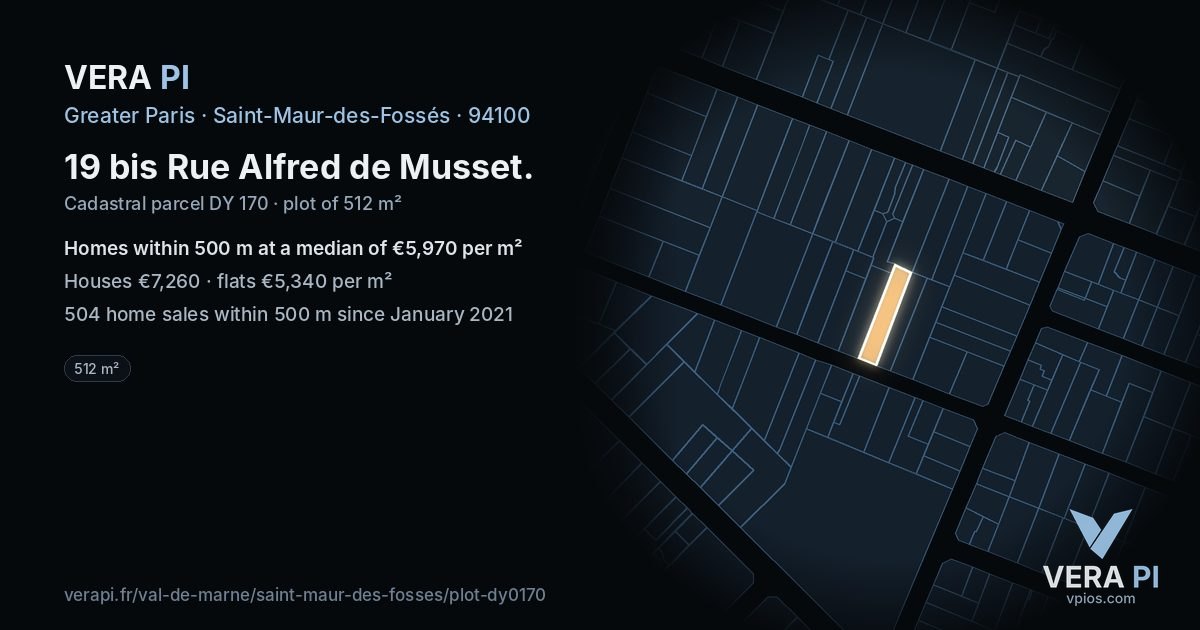 19 bis Rue Alfred de Musset, Saint-Maur-des-Fossés at night – the plot lit, the parcels around coloured by the prices near them