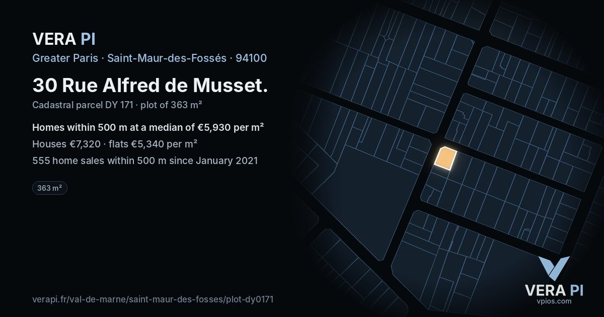 30 Rue Alfred de Musset, Saint-Maur-des-Fossés at night – the plot lit, the parcels around coloured by the prices near them