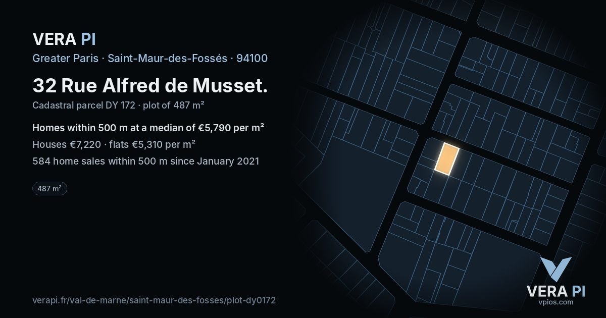 32 Rue Alfred de Musset, Saint-Maur-des-Fossés at night – the plot lit, the parcels around coloured by the prices near them