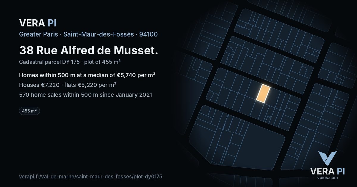 38 Rue Alfred de Musset, Saint-Maur-des-Fossés at night – the plot lit, the parcels around coloured by the prices near them