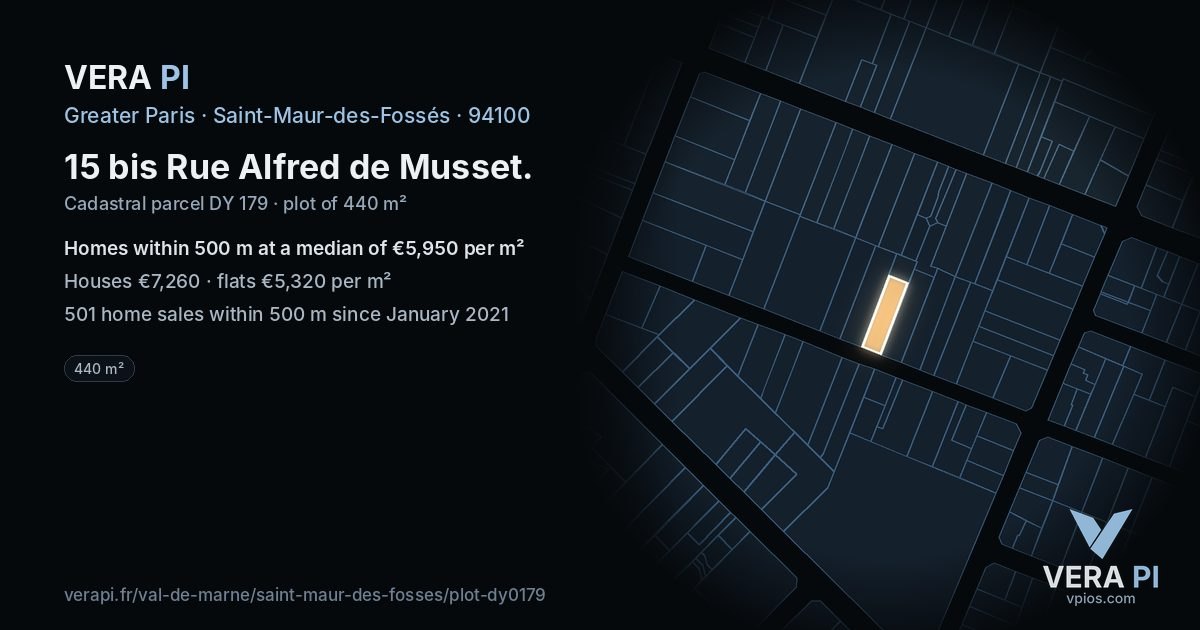 15 bis Rue Alfred de Musset, Saint-Maur-des-Fossés at night – the plot lit, the parcels around coloured by the prices near them
